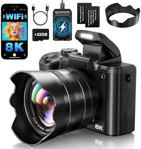 8K Digital Cameras for Photography – Autofocus 88MP WiFi Profession Camera with Dual-Lens – 16X Digital Zoom Photography Camera for YouTube with Lens Hood, Touch Screen, 2 Batteries & Charging Stand